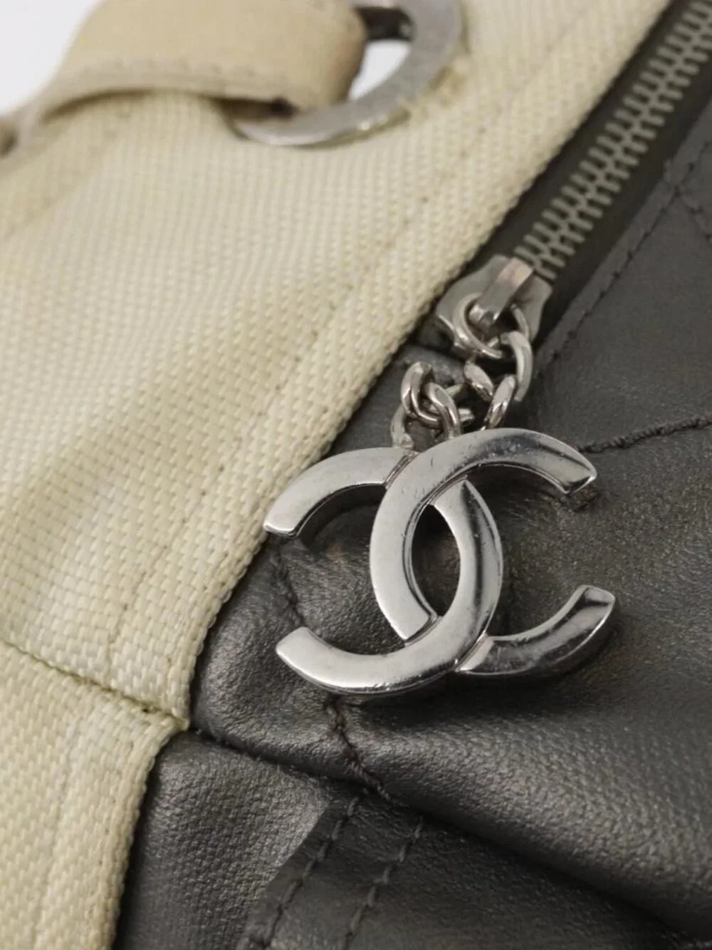 CHANEL Paris Biarritz MM Tote Bag Coated Canvas Silver CC Auth 182784